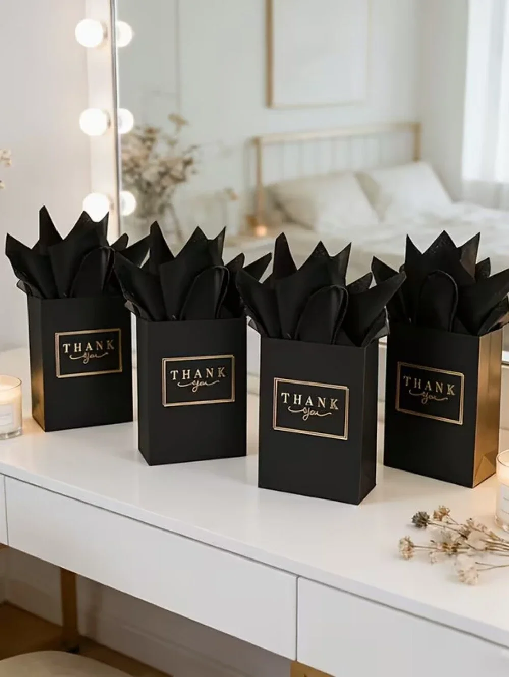Set of Black And Gold Thank You Gift Bag Set With tissue Paper (50)